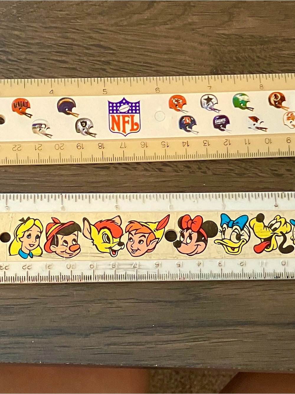 Vintage Character Rulers with NFL and Classic Disney Faces.  Over 35 years old